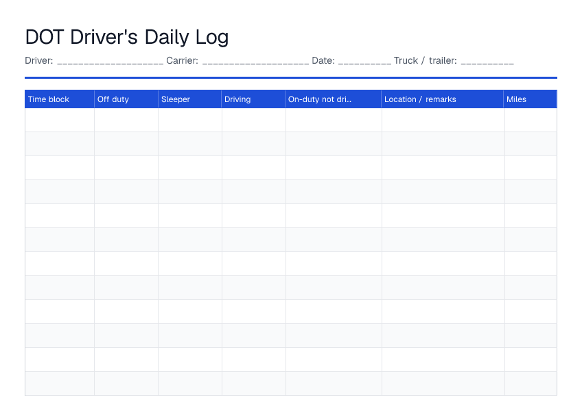 DOT Driver's Daily Log — printable PDF preview