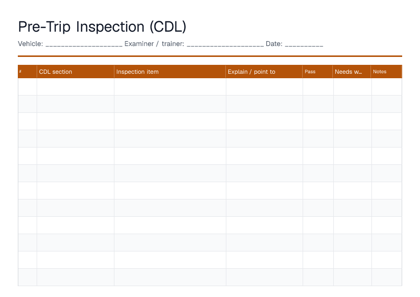 Pre-Trip Inspection (CDL) — printable PDF preview