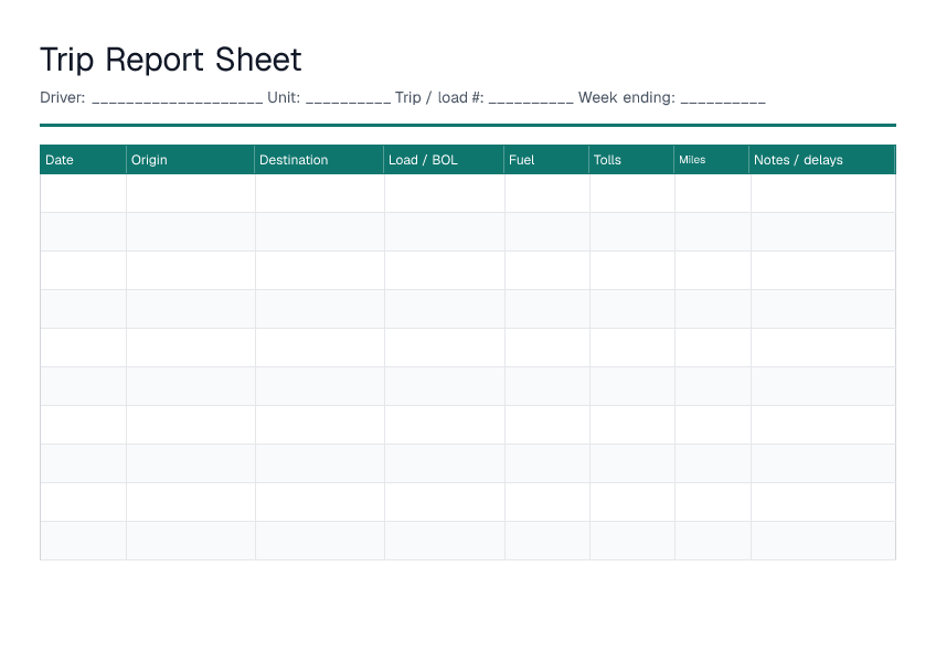 Trip Report Sheet — printable PDF preview