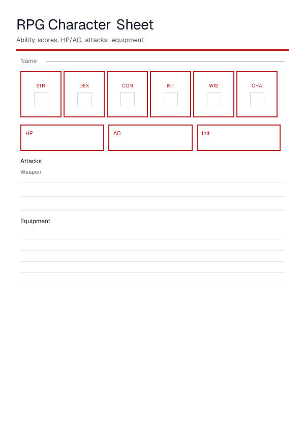 RPG Character Sheet — printable PDF preview