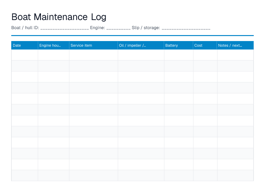 Boat Maintenance Log — printable PDF preview