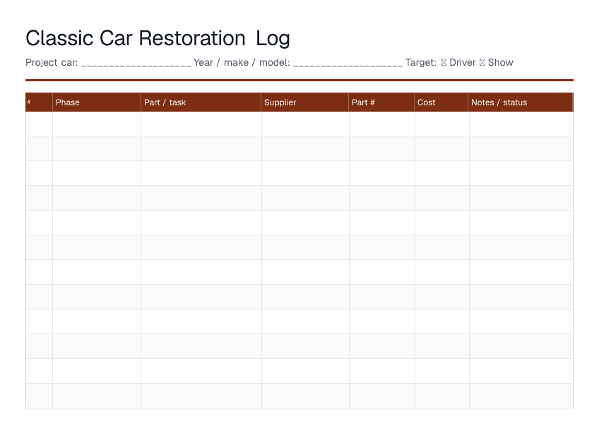Classic Car Restoration Log — printable PDF preview