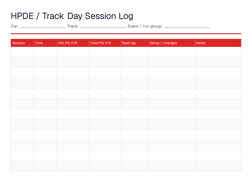 HPDE / Track Day Session Log — printable PDF preview