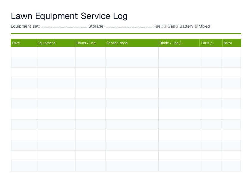 Lawn Equipment Service Log — printable PDF preview