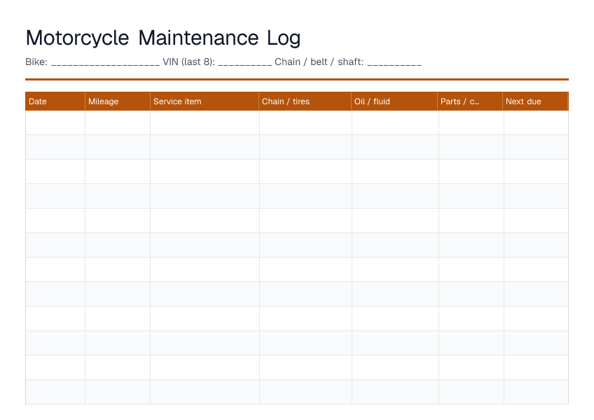 Motorcycle Maintenance Log — printable PDF preview