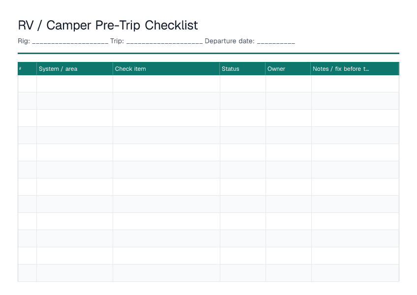 RV / Camper Pre-Trip Checklist — printable PDF preview