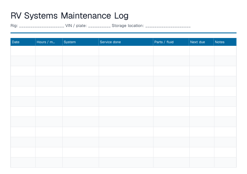 RV Systems Maintenance Log — printable PDF preview