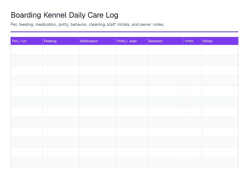 Boarding Kennel Daily Care Log — printable PDF preview