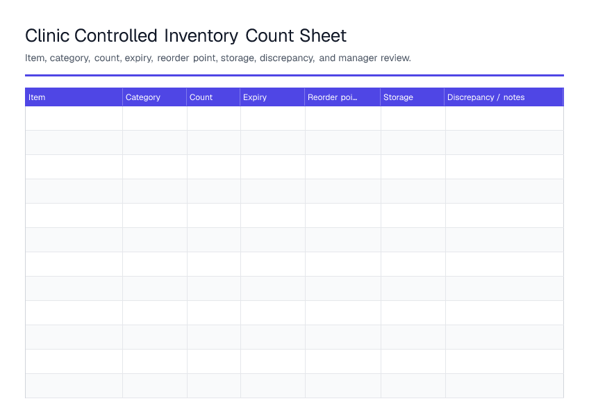 Clinic Controlled Inventory Count Sheet — printable PDF preview