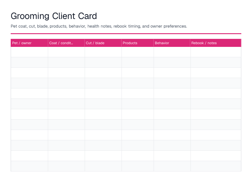 Grooming Client Card — printable PDF preview