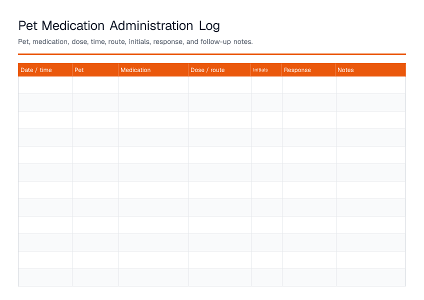Pet Medication Administration Log — printable PDF preview