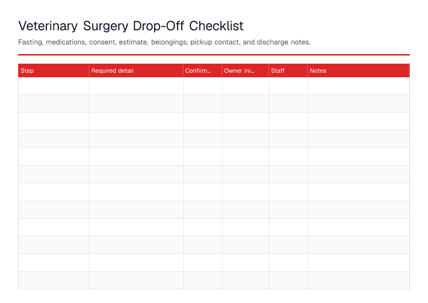 Veterinary Surgery Drop-Off Checklist — printable PDF preview