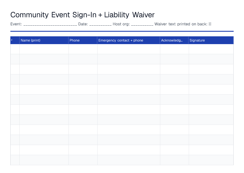 Community Event Sign-In + Liability Waiver — printable PDF preview