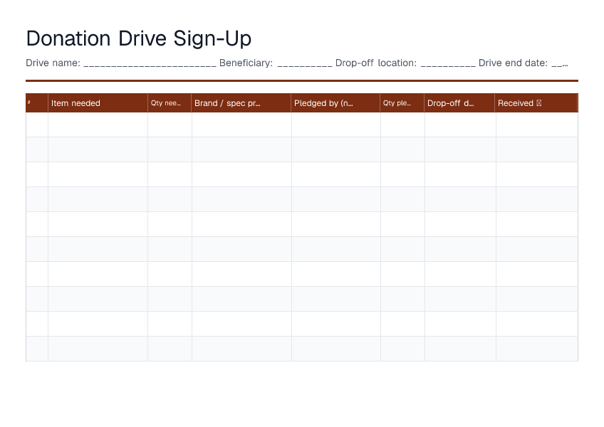 Donation Drive Sign-Up — printable PDF preview