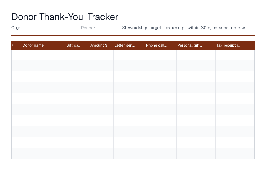 Donor Thank-You Tracker — printable PDF preview
