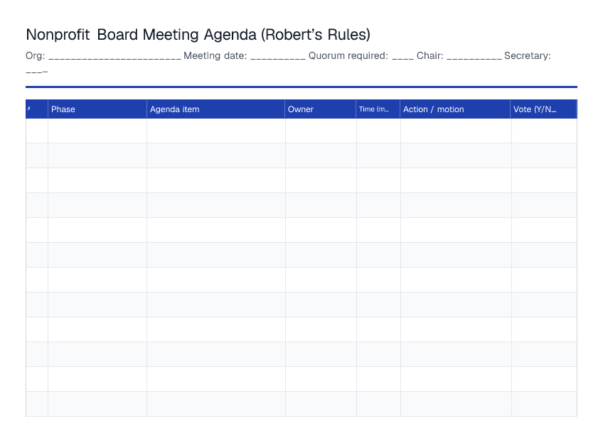 Nonprofit Board Meeting Agenda — printable PDF preview