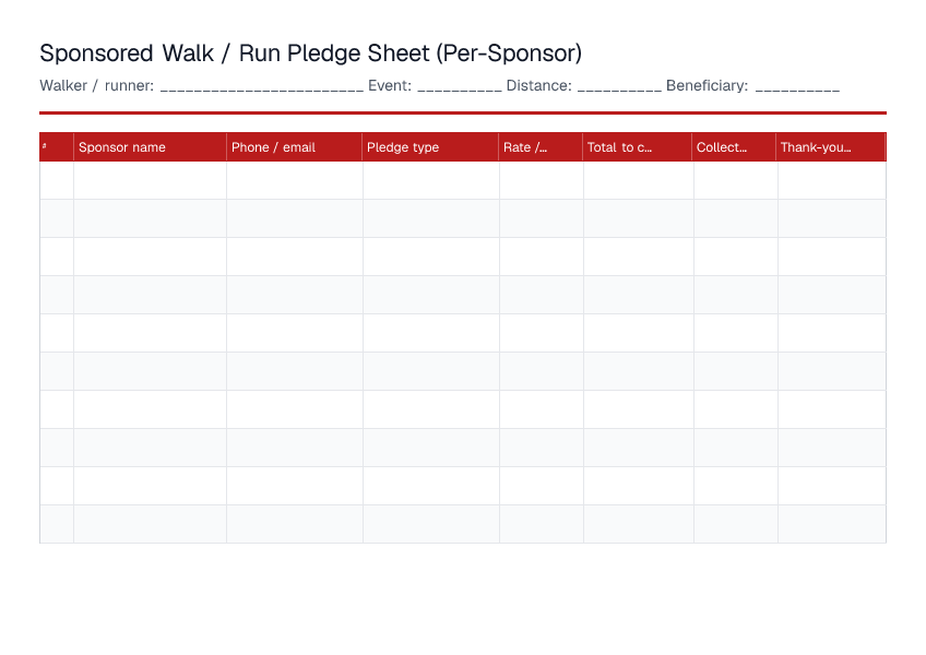 Sponsored Walk / Run Pledge Sheet — printable PDF preview