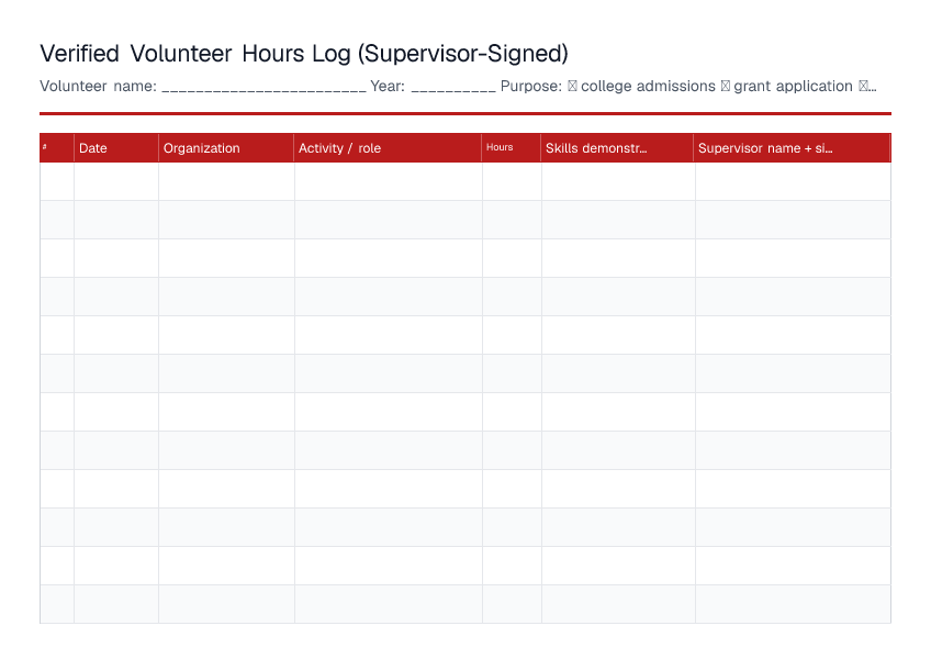 Verified Volunteer Hours Log — printable PDF preview