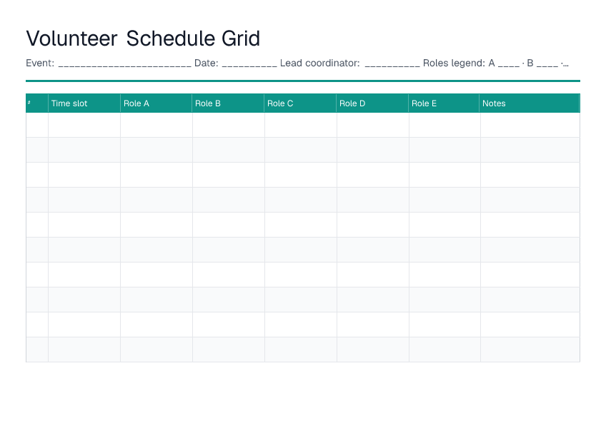 Volunteer Schedule Grid — printable PDF preview