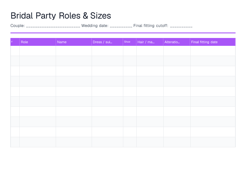 Bridal Party Roles & Sizes — printable PDF preview