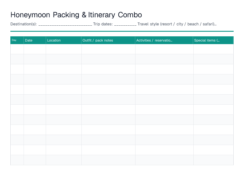Honeymoon Packing & Itinerary Combo — printable PDF preview