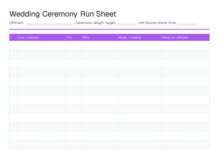 Wedding Ceremony Run Sheet — printable PDF preview