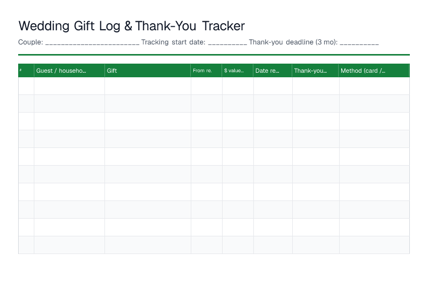 Wedding Gift Log & Thank-You Tracker — printable PDF preview