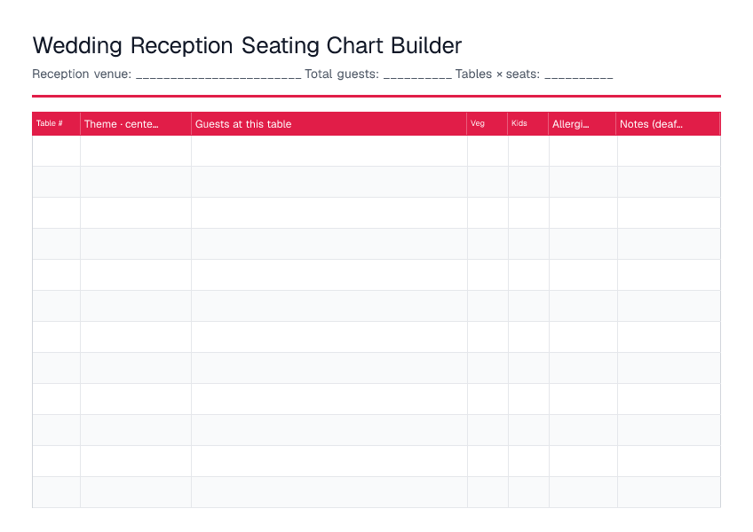 Wedding Reception Seating Chart Builder — printable PDF preview