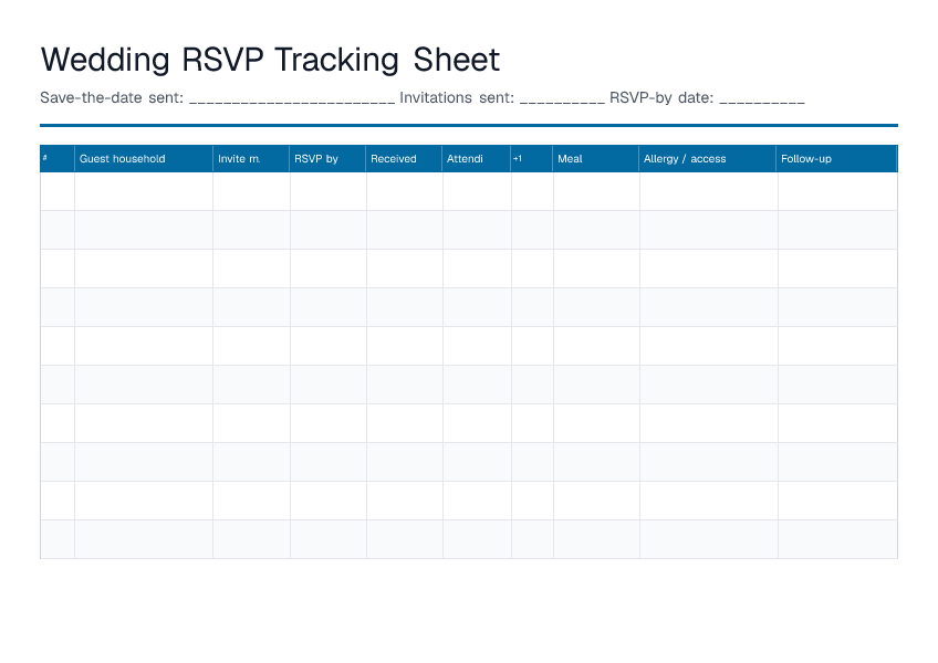 Wedding RSVP Tracking Sheet — printable PDF preview