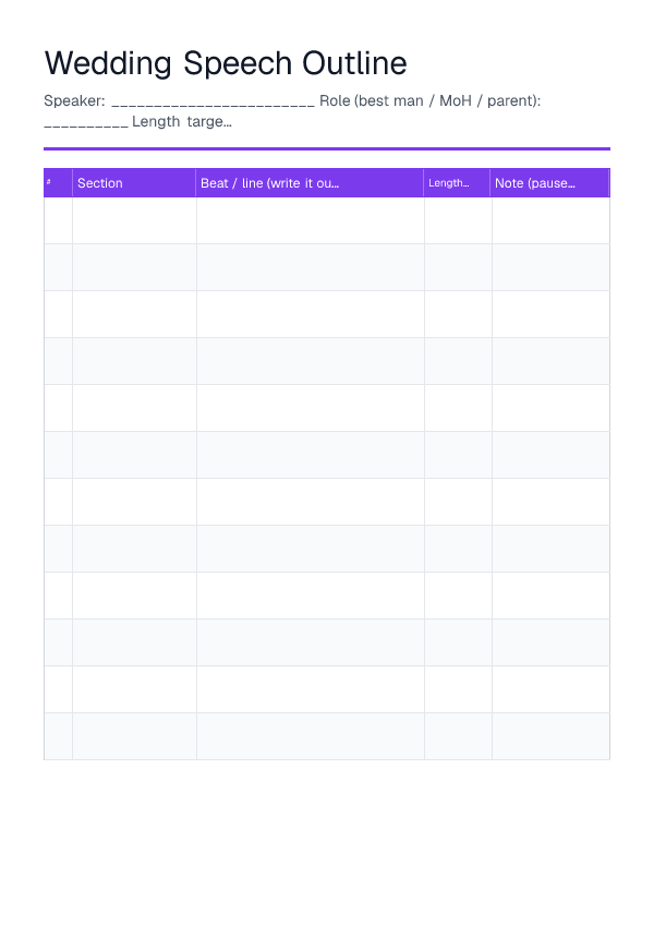 Wedding Speech Outline — printable PDF preview