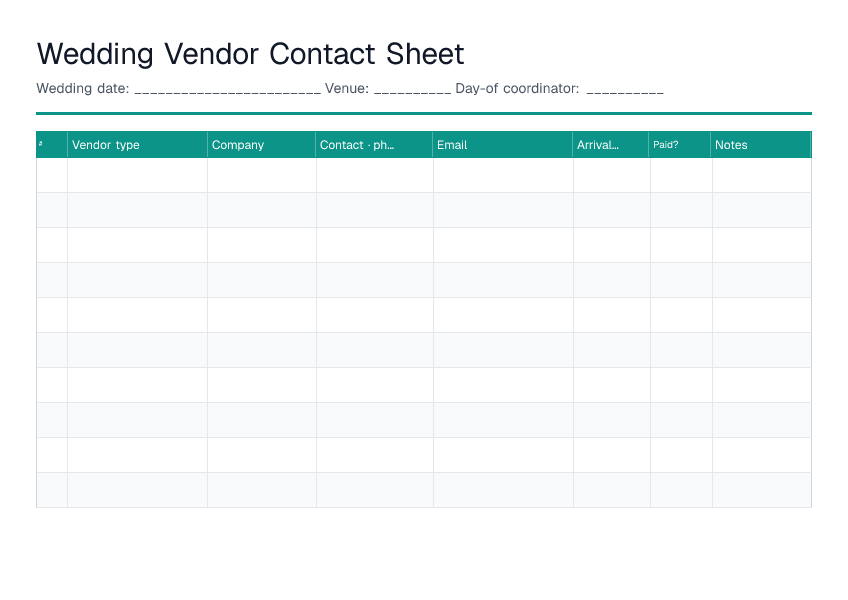 Wedding Vendor Contact Sheet — printable PDF preview