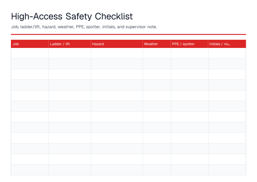 High-Access Safety Checklist — printable PDF preview