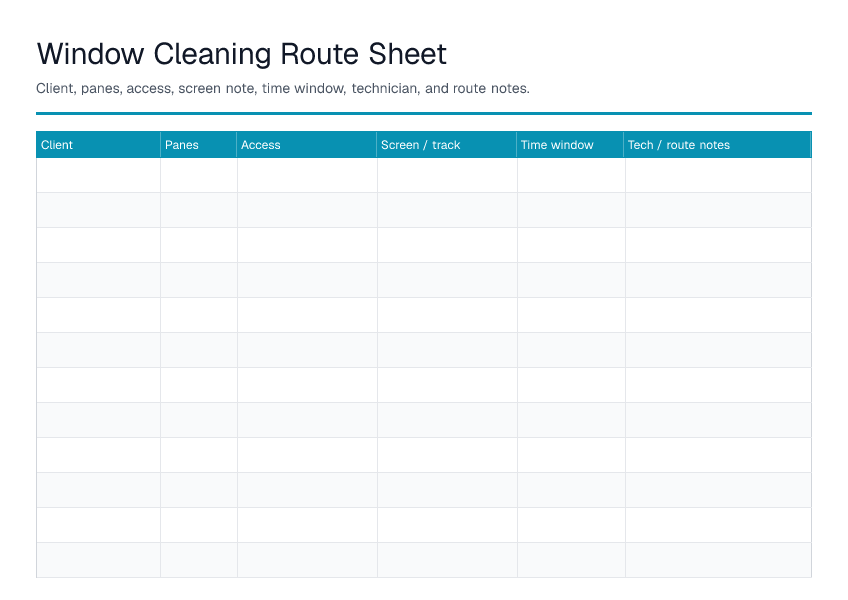 Window Cleaning Route Sheet — printable PDF preview