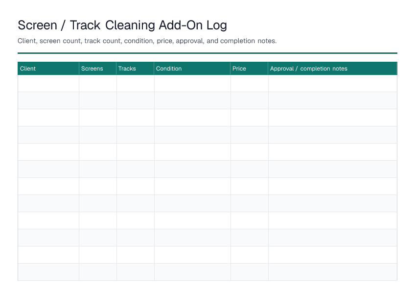 Screen / Track Cleaning Add-On Log — printable PDF preview