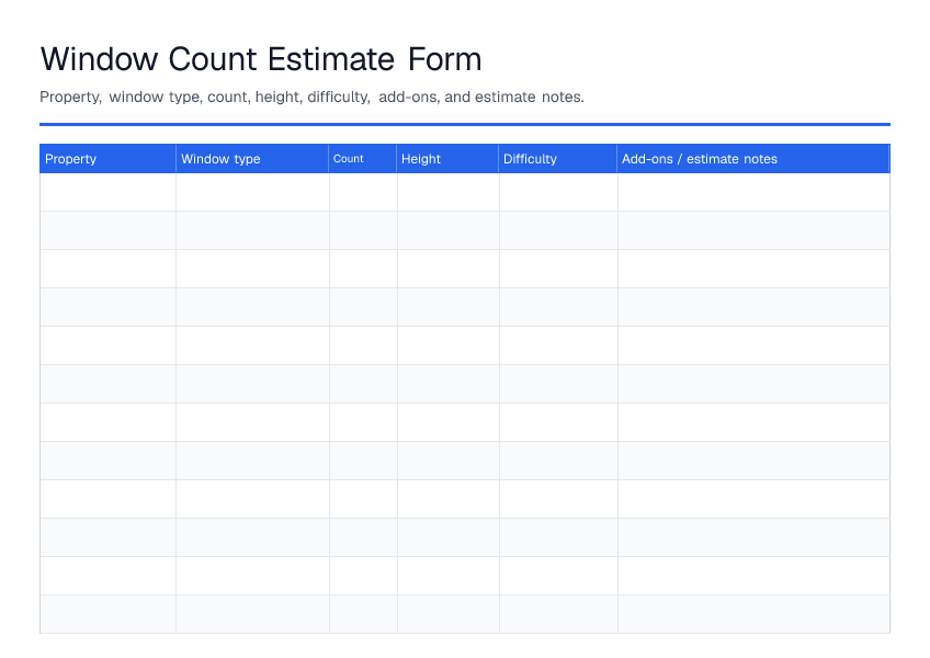 Window Count Estimate Form — printable PDF preview