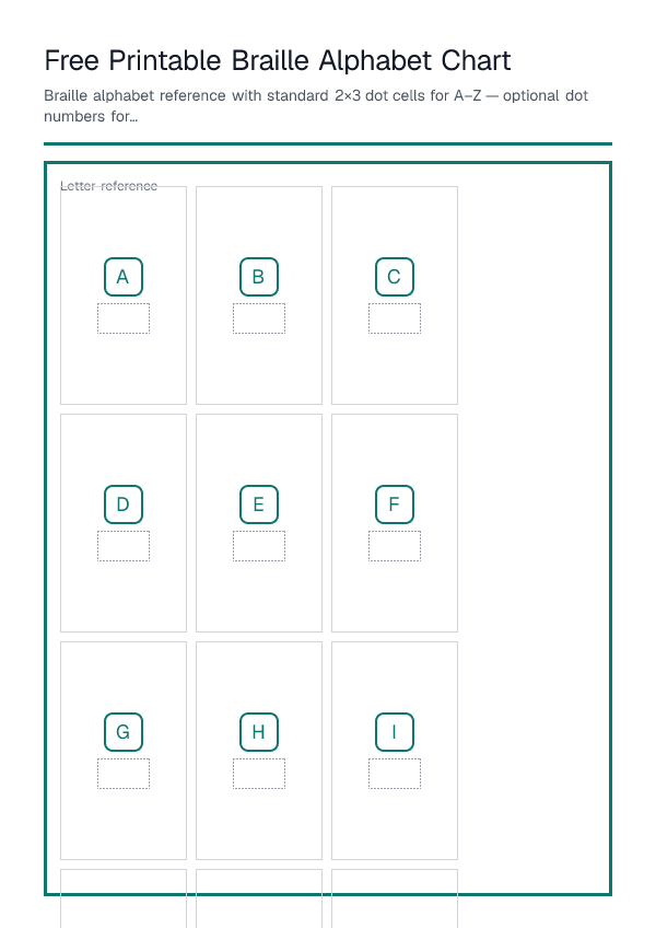 Free Printable Braille Alphabet Chart — printable PDF preview