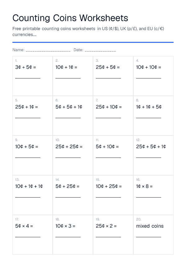 Counting Coins Worksheets — printable PDF preview