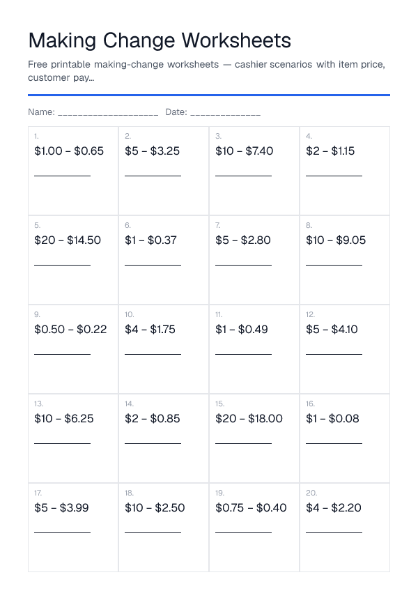 Making Change Worksheets — printable PDF preview