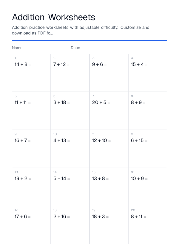 Addition Worksheets — printable PDF preview