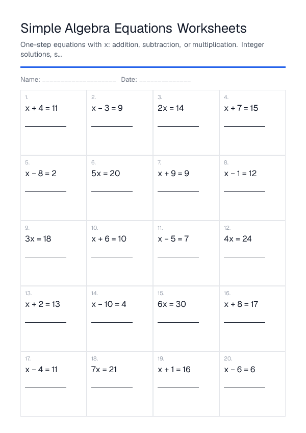 Simple Algebra Equations Worksheets — printable PDF preview