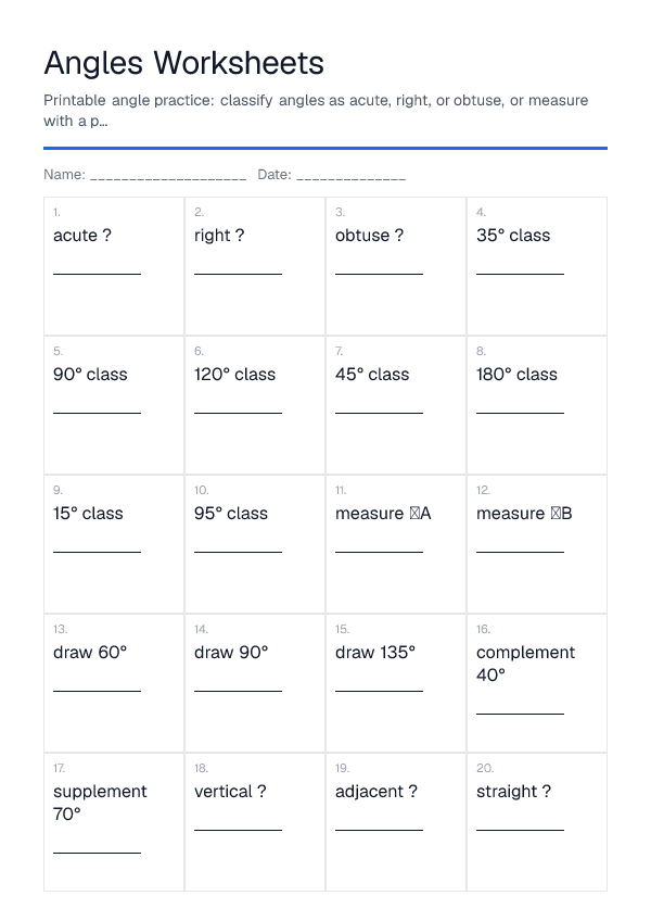 Angles Worksheets — printable PDF preview