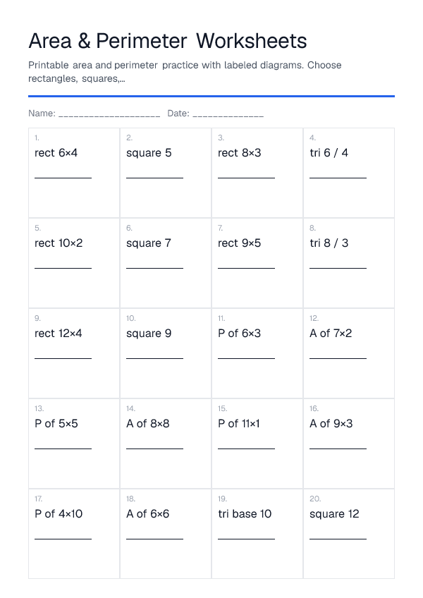 Area & Perimeter Worksheets — printable PDF preview