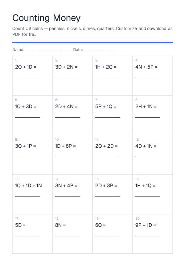 Counting Money — printable PDF preview