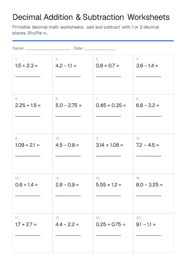 Decimal Addition & Subtraction Worksheets — printable PDF preview