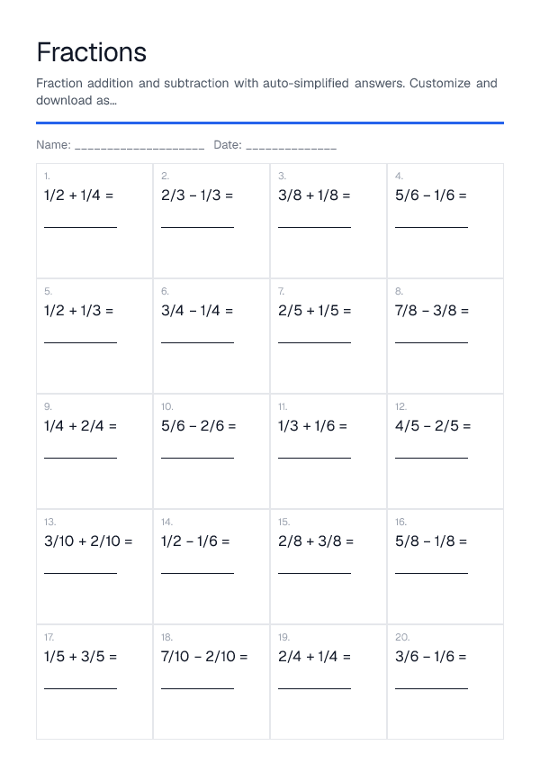 Fractions — printable PDF preview