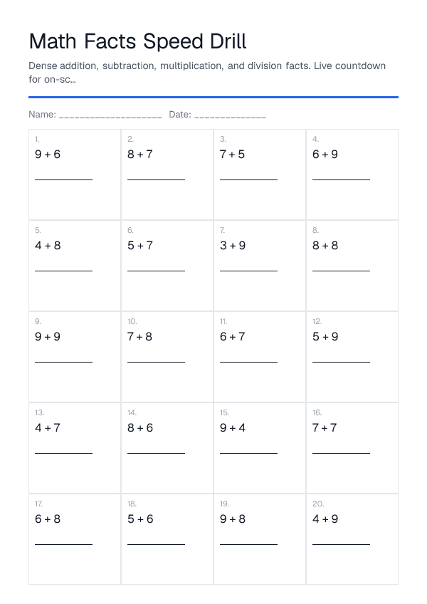 Math Facts Speed Drill — printable PDF preview