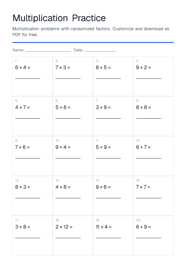 Multiplication Practice — printable PDF preview