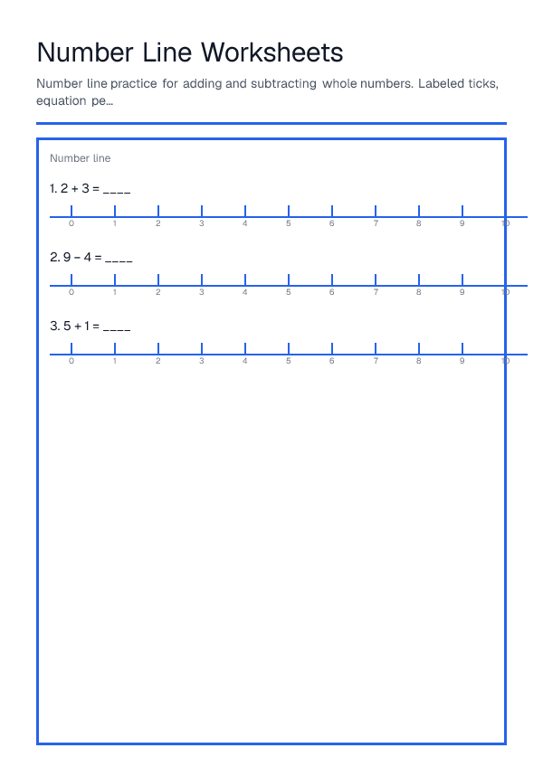 Number Line Worksheets — printable PDF preview