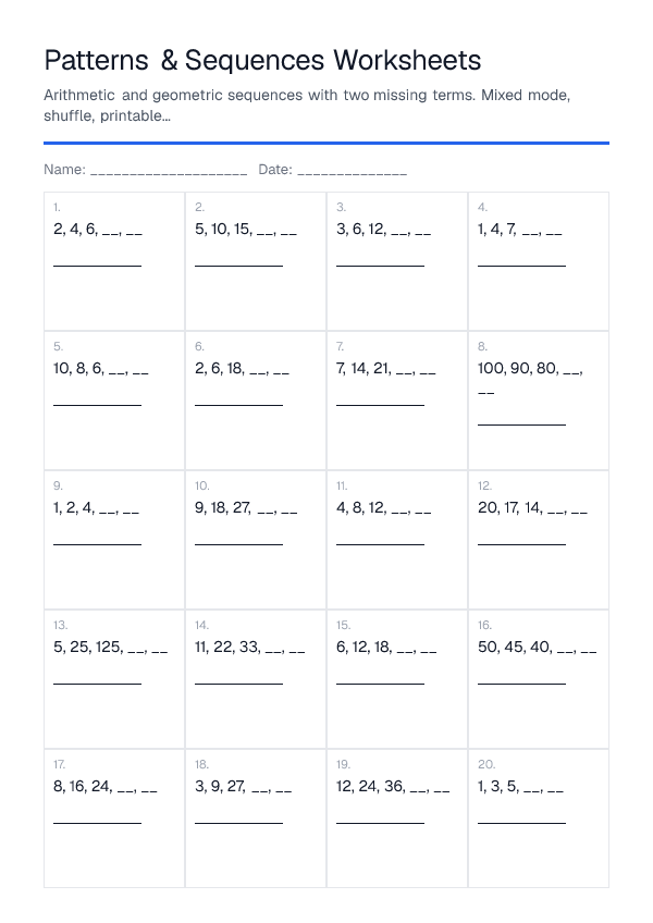 Patterns & Sequences Worksheets — printable PDF preview