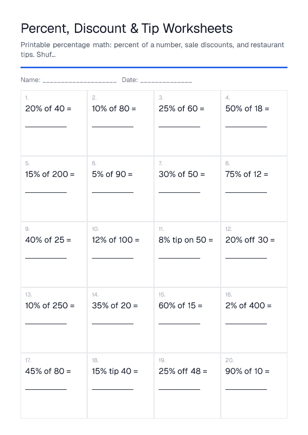 Percent, Discount & Tip Worksheets — printable PDF preview